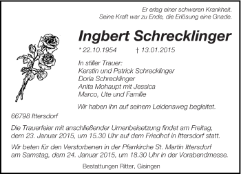 Todesanzeige von Ingbert Schrecklinger von saarbruecker_zeitung