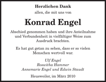 Todesanzeige von Konrad Engel von SAARBRÜCKER ZEITUNG