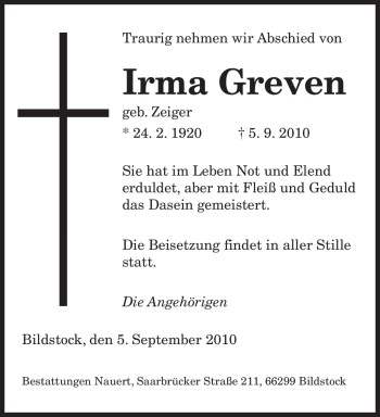 Todesanzeige von Irma Greven von SAARBRÜCKER ZEITUNG