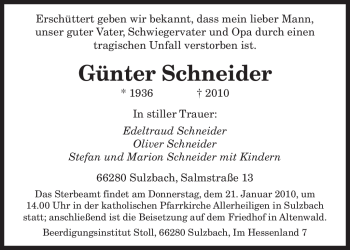 Todesanzeige von Günter Schneider von SAARBRÜCKER ZEITUNG