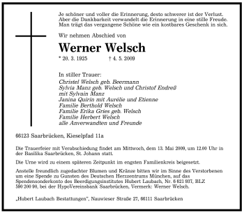 Todesanzeige von Werner Welsch von SAARBRÜCKER ZEITUNG