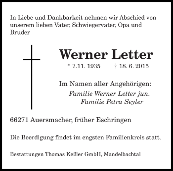 Todesanzeige von Werner Letter von saarbruecker_zeitung