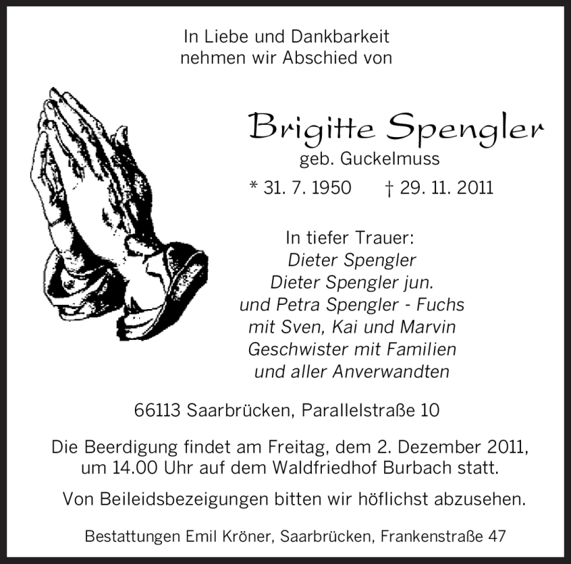  Traueranzeige für Brigitte Spengler vom 01.12.2011 aus SAARBRÜCKER ZEITUNG