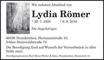 Todesanzeige von Lydia Römer von SAARBRÜCKER ZEITUNG