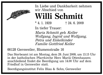 Todesanzeige von Willi Schmitt von SAARBRÜCKER ZEITUNG
