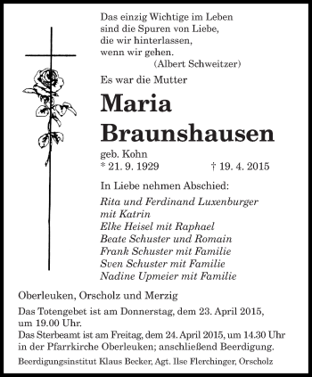 Todesanzeige von Maria Braunshausen von saarbruecker_zeitung