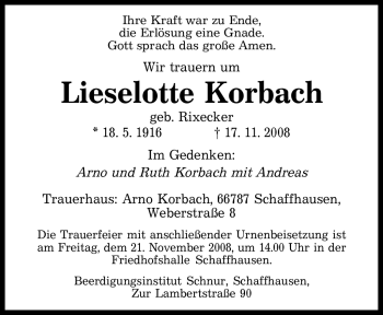 Todesanzeige von Lieselotte Korbach von SAARBRÜCKER ZEITUNG