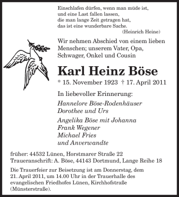 Todesanzeige von Karl Heinz Böse von SAARBRÜCKER ZEITUNG