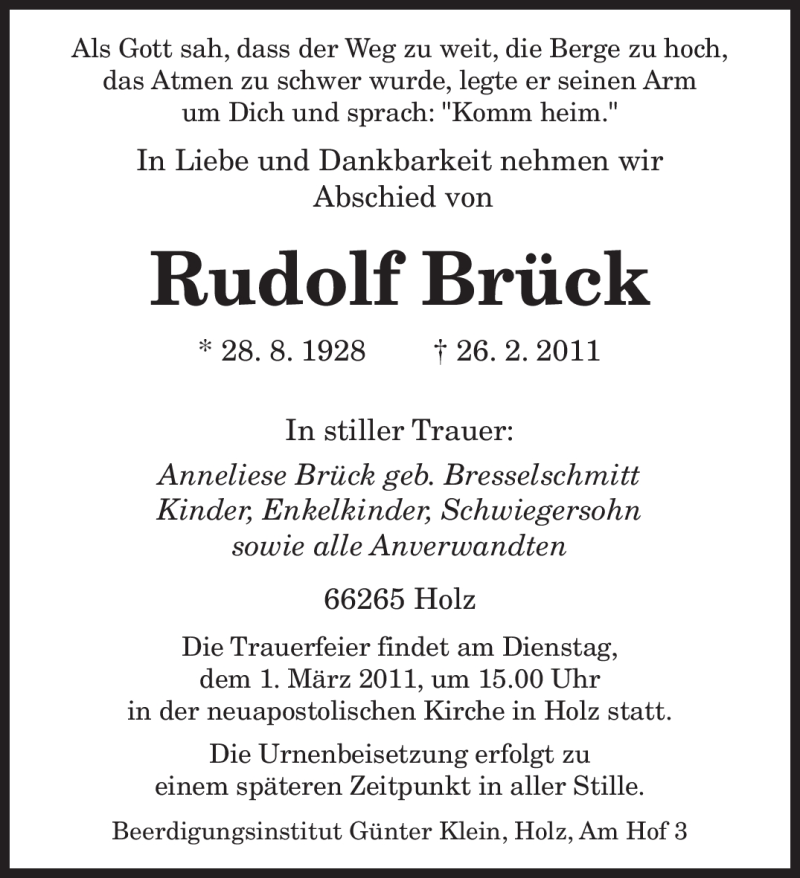  Traueranzeige für Rudolf Brück vom 28.02.2011 aus SAARBRÜCKER ZEITUNG