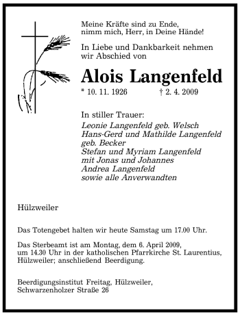 Todesanzeige von Alois Langenfeld von SAARBRÜCKER ZEITUNG