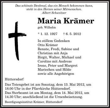 Todesanzeige von Maria Krämer von SAARBRÜCKER ZEITUNG