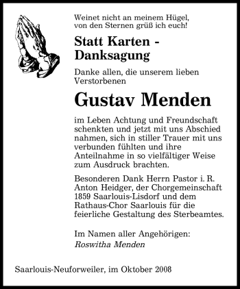 Todesanzeige von Gustav Menden von SAARBRÜCKER ZEITUNG