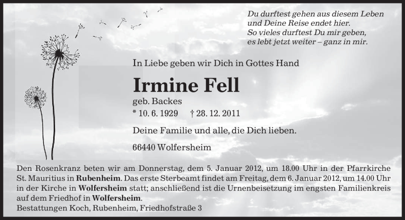  Traueranzeige für Irmine Fell vom 30.12.2011 aus SAARBRÜCKER ZEITUNG