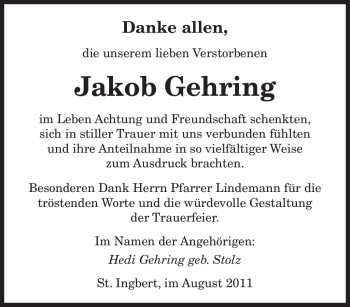 Todesanzeige von Jakob Gehring von SAARBRÜCKER ZEITUNG