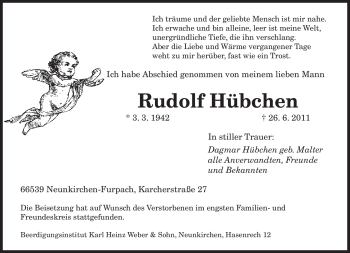 Todesanzeige von Rudolf Hübchen von SAARBRÜCKER ZEITUNG