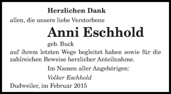 Todesanzeige von Anni Eschhold von saarbruecker_zeitung