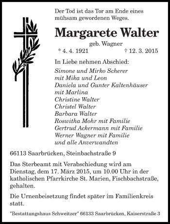 Todesanzeige von Margarete Walter von saarbruecker_zeitung