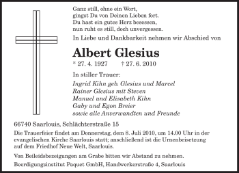 Todesanzeige von Albert Glesius von SAARBRÜCKER ZEITUNG