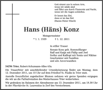 Todesanzeige von Hans Konz von SAARBRÜCKER ZEITUNG