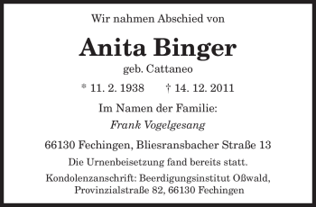 Todesanzeige von Anita Binger von SAARBRÜCKER ZEITUNG