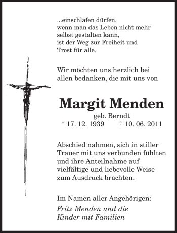 Todesanzeige von Margit Menden von SAARBRÜCKER ZEITUNG