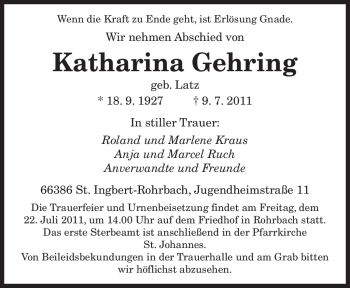 Todesanzeige von Katharina Gehring von SAARBRÜCKER ZEITUNG
