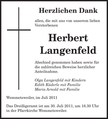 Todesanzeige von Herbert Langenfeld von SAARBRÜCKER ZEITUNG