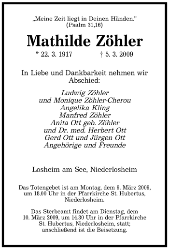 Todesanzeige von Mathilde Zöhler von SAARBRÜCKER ZEITUNG