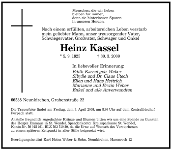Todesanzeige von Heinz Kassel von SAARBRÜCKER ZEITUNG