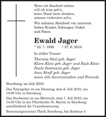 Todesanzeige von Ewald Jager von SAARBRÜCKER ZEITUNG