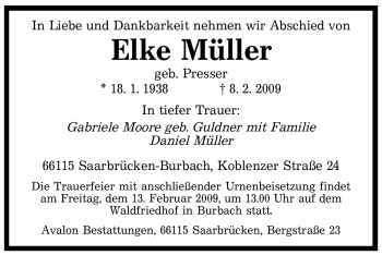 Todesanzeige von Elke Müller von SAARBRÜCKER ZEITUNG