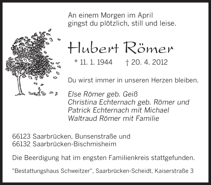  Traueranzeige für Hubert Römer vom 12.05.2012 aus SAARBRÜCKER ZEITUNG