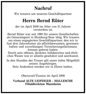 Todesanzeige von Bernd Rüter von SAARBRÜCKER ZEITUNG
