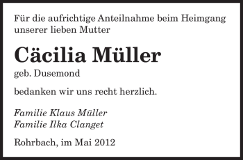 Todesanzeige von Cäcilia Müller von SAARBRÜCKER ZEITUNG