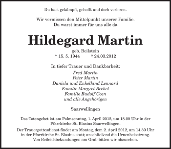 Todesanzeige von Hildegard Martin von SAARBRÜCKER ZEITUNG