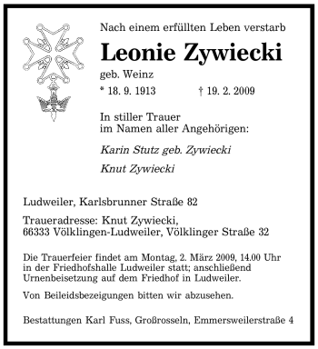 Todesanzeige von Leonie Zywiecki von SAARBRÜCKER ZEITUNG