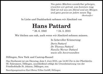 Todesanzeige von Hans Pattard von saarbruecker_zeitung