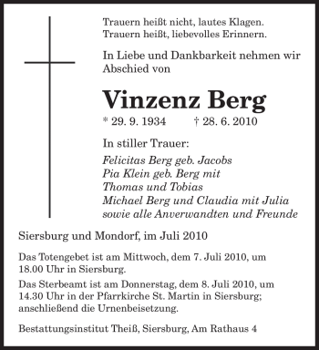 Todesanzeige von Vinzenz Berg von SAARBRÜCKER ZEITUNG