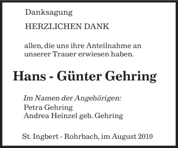 Todesanzeige von Hans - Günter Gehring von SAARBRÜCKER ZEITUNG