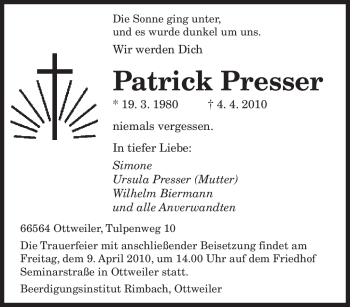 Todesanzeige von Patrick Presser von SAARBRÜCKER ZEITUNG