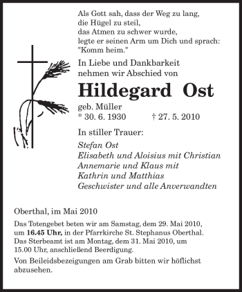 Todesanzeige von Hildegard Ost von SAARBRÜCKER ZEITUNG