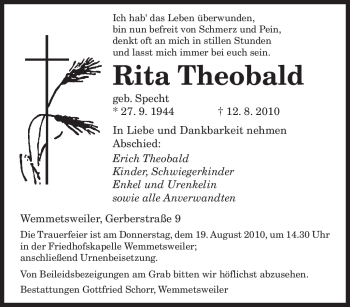 Todesanzeige von Rita Theobald von SAARBRÜCKER ZEITUNG