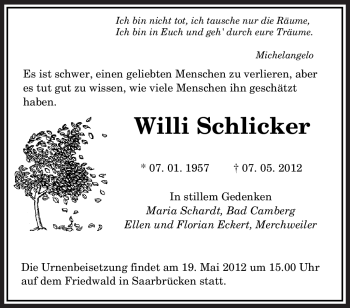 Todesanzeige von Willi Schlicker von SAARBRÜCKER ZEITUNG