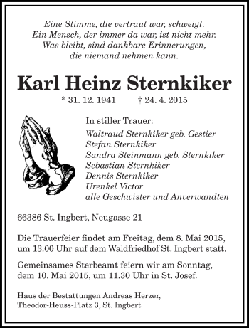 Todesanzeige von Karl Heinz Sternkiker von saarbruecker_zeitung