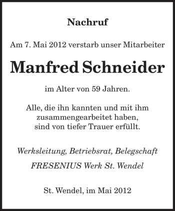 Todesanzeige von Manfred Schneider von SAARBRÜCKER ZEITUNG