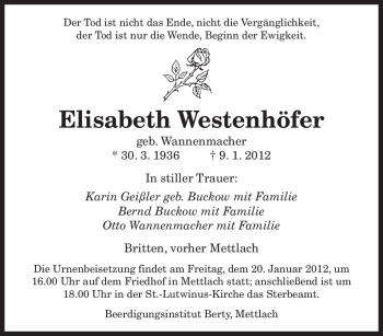 Todesanzeige von Elisabeth Westenhöfer von SAARBRÜCKER ZEITUNG