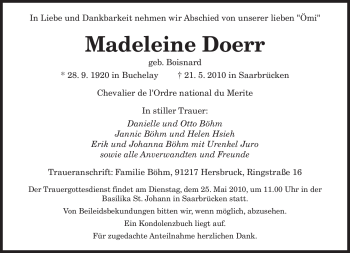 Todesanzeige von Madeleine Doerr von SAARBRÜCKER ZEITUNG
