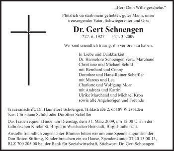 Todesanzeige von Gert Schoengen von SAARBRÜCKER ZEITUNG