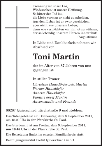 Todesanzeige von Toni Martin von SAARBRÜCKER ZEITUNG
