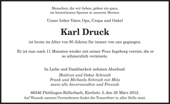 Todesanzeige von Karl Druck von SAARBRÜCKER ZEITUNG